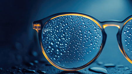 Glasses with water droplets on lenses, viewed in close-up, each droplet reflecting light and creating a unique texture.の素材