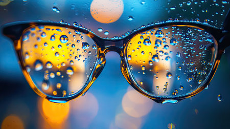 Detailed close-up of wet eyeglass lenses, with droplets reflecting ambient light in a minimalistic, abstract scene.の素材