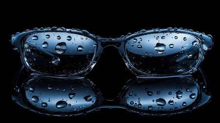 Eyeglasses with water droplets on lenses, sitting on a reflective black surface, creating a serene, abstract composition.の素材