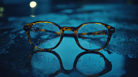 Eyeglasses with lenses speckled with water droplets, lying on a wet surface, showing detail and reflections in low light.の素材