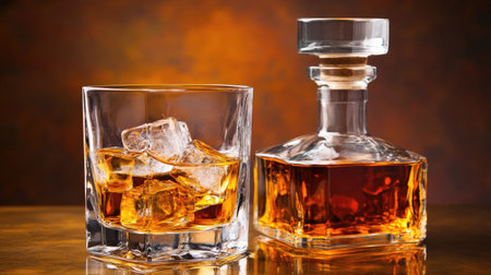 Elegant whiskey glass filled with ice, next to a decanter on a polished surface, the rich color highlighted by soft light.の素材