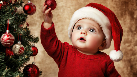 Cute child in Santa hat and red sweater, reaching up to hang ornaments on a small Christmas tree.の素材
