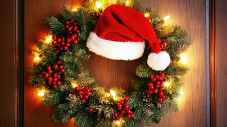 Elegant Christmas wreath with a red Santa hat and berries, glowing warmly under holiday lights on a front door.の素材