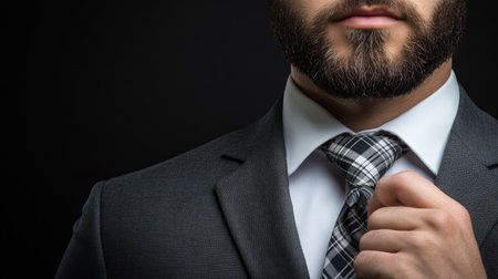 Elegant man with a plaid necktie, crisp white shirt, and tailored suit, close-up focusing on the refined details of his attire.の素材