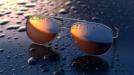 Eyeglasses with droplets on the lenses, placed on a smooth surface with reflections from soft ambient light.の素材