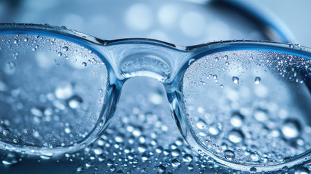 Detailed close-up of water droplets on eyeglass lenses, with the glass reflecting soft lighting, creating an abstract feel.の素材