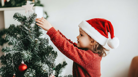 Cute child in Santa hat and red sweater, placing a star on top of a small Christmas tree in a cozy room.の素材
