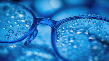 Close-up of wet eyeglass lenses with tiny water droplets, showing the intricate pattern of moisture on glass in soft light.の素材
