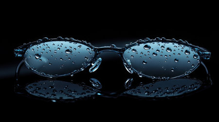Eyeglasses with water droplets on lenses, sitting on a reflective black surface, creating a serene, abstract composition.の素材