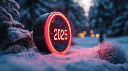 Digital countdown clock striking midnight with '' in neon numbers, capturing the excitement of a New Year countdown.の素材