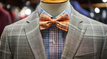 Elegant bow tie on a plaid shirt with a gray suit jacket in close-up, capturing modern textures and formal style.の素材