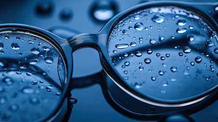 Detailed view of eyeglass lenses with water droplets, capturing intricate textures and reflections on a dark background.の素材