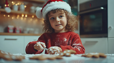 Little child in Santa hat and red sweater, decorating gingerbread cookies in a cozy holiday kitchen.の素材