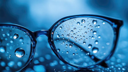 Detailed close-up of eyeglass lenses with water droplets, with soft lighting adding texture to the abstract, wet surface.の素材
