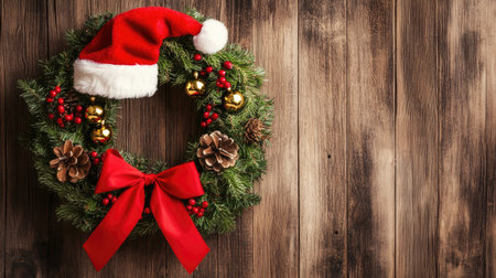 Elegant holiday wreath with a Santa hat, red ribbon, and gold bells, hanging warmly on a wooden door.の素材