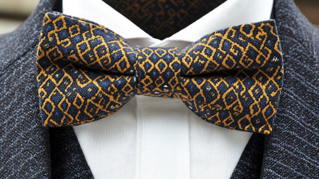 Elegant bow tie paired with a classic suit jacket and white shirt in close-up, showing intricate patterns and textures.の素材