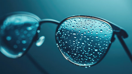 Eyeglass lenses with a fine layer of water droplets, reflecting soft natural light, capturing the delicate details of each droplet.の素材