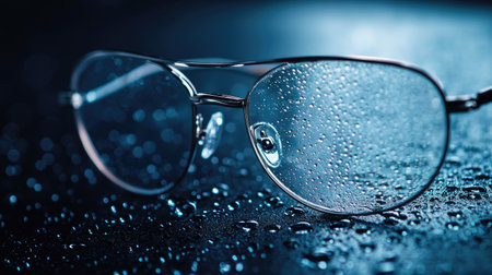 Eyeglass lenses with water droplets resting on a smooth black surface, capturing light reflections and creating a moody atmosphere.の素材