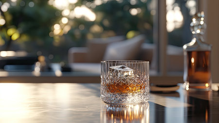 Elegant whiskey glass filled with ice beside a crystal decanter, casting warm reflections on a polished bar surface.の素材