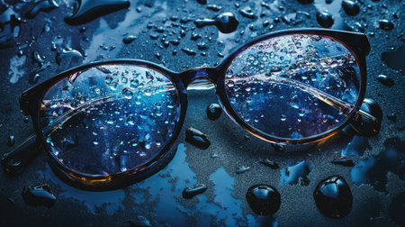 Eyeglasses with water droplets covering the lenses, laying on a dark surface with reflections and ambient soft light.の素材