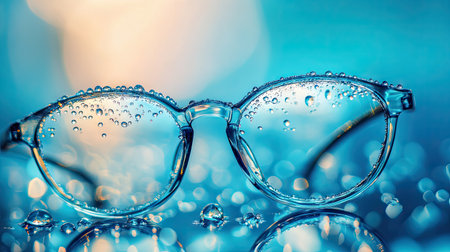 Glasses with water droplets on lenses, viewed in close-up, each droplet reflecting light and creating a unique texture.の素材