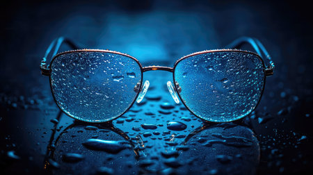 Eyeglass lenses covered in water droplets, placed on a dark reflective background, with light highlighting the wet details.の素材