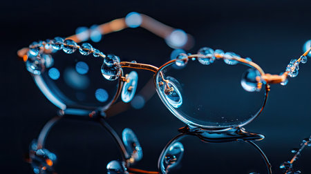 Eyeglasses with water droplets on lenses, sitting on a reflective black surface, creating a serene, abstract composition.の素材