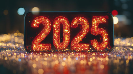 Digital countdown clock striking midnight with '' in neon numbers, capturing the excitement of a New Year countdown.の素材