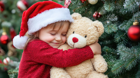 Little child in a red sweater and Santa hat, hugging a holiday teddy bear under a decorated Christmas tree.の素材