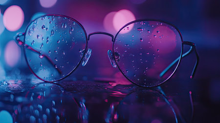 Eyeglasses with droplets on the lenses, placed on a smooth surface with reflections from soft ambient light.の素材