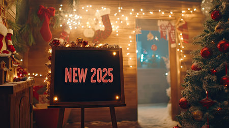 Happy New Year  message on a vintage letterboard, surrounded by holiday decorations and lights.の素材