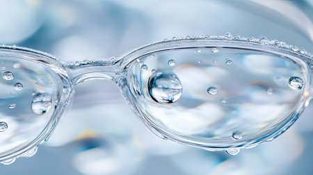 Detailed close-up of eyeglass lenses with water droplets, with soft lighting adding texture to the abstract, wet surface.の素材
