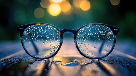 Eyeglasses with small water droplets on lenses, sitting on a wooden surface with a blurred background, creating a moody effect.の素材