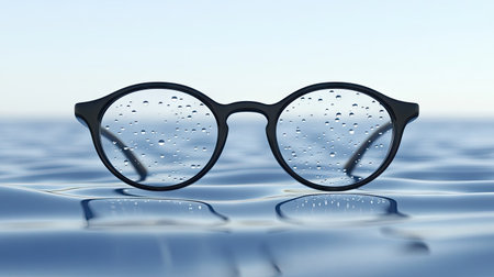 Eyeglasses with droplets on the lenses, placed on a smooth surface with reflections from soft ambient light.の素材