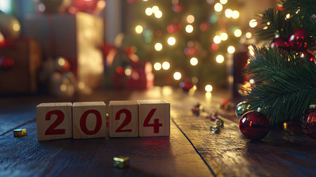 Festive setting with wooden cubes reading '' as the final digit is turned, representing the new year, '.'の素材