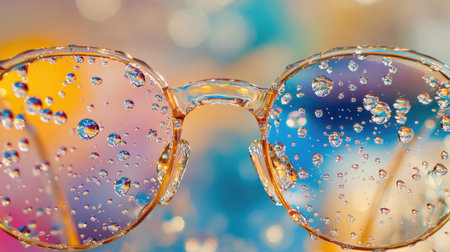 Eyeglasses with water droplets scattered on lenses, creating a blurred effect with a softly lit background.の素材