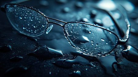 Eyeglasses with water droplets covering the lenses, laying on a dark surface with reflections and ambient soft light.の素材
