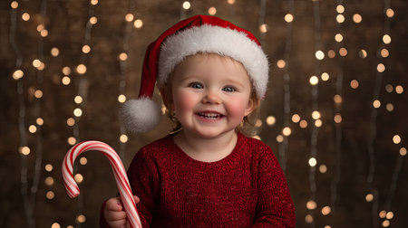 Little child in a red sweater and Santa hat, holding a big candy cane and smiling, surrounded by Christmas lights.の素材