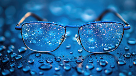 Eyeglasses with lenses covered in condensation droplets, lying on a dark surface, creating contrast with soft highlights.の素材