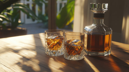 Glass of whiskey with ice, sitting next to a stylish decanter on a wooden table, bathed in golden, evening light.の素材