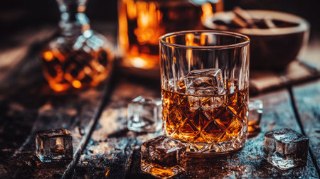 Glass of whiskey with ice cubes and a decanter nearby, with moody, low lighting creating an intimate atmosphere.の素材