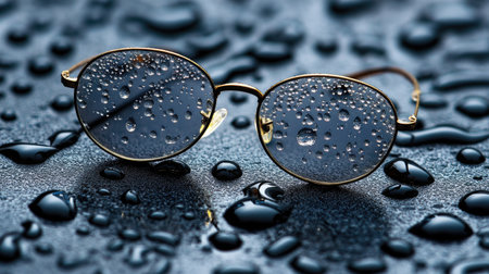 Eyeglasses with water droplets covering the lenses, laying on a dark surface with reflections and ambient soft light.の素材