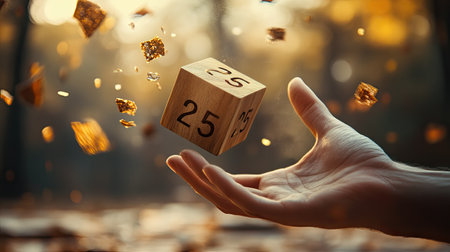 Hand flipping a wooden cube to change '' into ',' with a simple, clean background and festive confetti.の素材