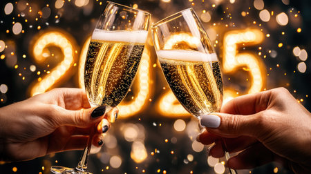 Hands holding glasses of champagne, clinking together with '' in the background in sparkling lights for a New Year toast.の素材