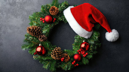 Holiday wreath with festive ornaments, pinecones, and a Santa hat, bringing charm to a decorated home entrance.の素材