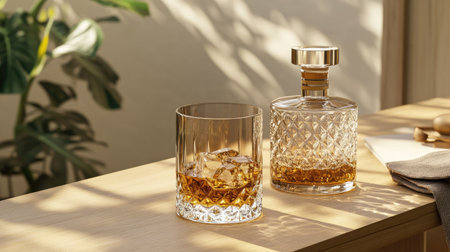 Glass of whiskey with ice, sitting next to a stylish decanter on a wooden table, bathed in golden, evening light.の素材