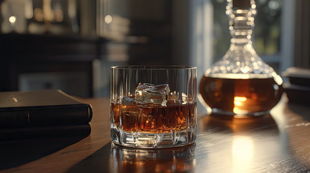 Glass of whiskey on the rocks with a decanter in the background, a warm ambiance highlighting the drink's rich color.の素材