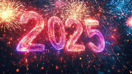 Fireworks lighting up the sky with '' numbers in bright neon, capturing the thrill of the New Year countdown celebration.の素材