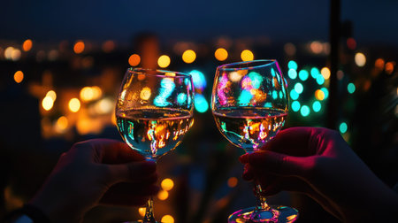 Friends gathered for a rooftop New Year party, raising glasses with '' displayed in the background in colorful LED lights.の素材