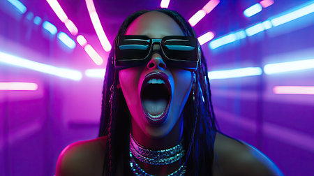 Excited woman wearing VR goggles in a futuristic room, surrounded by colorful neon light effects.の素材